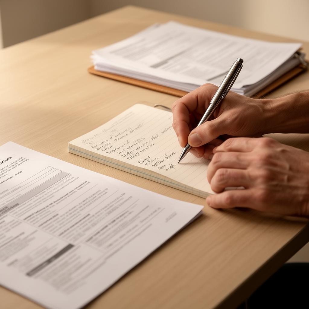 A pair of hands writing notes on paper with medical documents nearby, in soft natural light.
